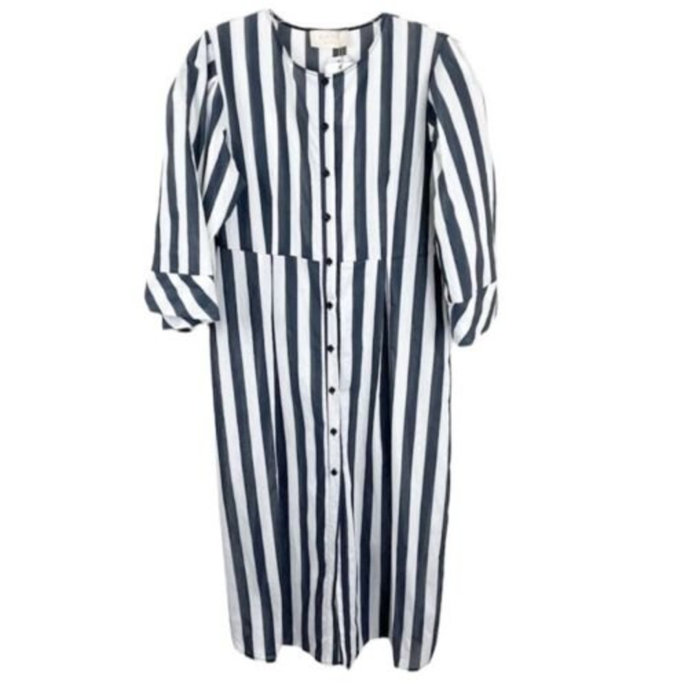 kaos jeans midi button front Stripe dress puff ballon sleeve